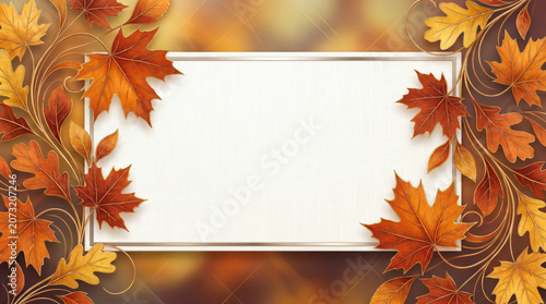 Luxurious Autumn Seasonal Banner with Detailed Maple and Oak Leaves, Intricate Gold Filigree, and Central Blank White Framed Card, Warm Fall Background