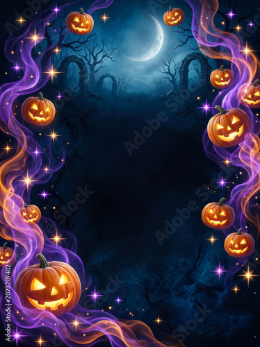 Magical Halloween border with glowing jack-o'-lanterns, purple mystical smoke, haunted forest with crescent moon, spooky pumpkins frame with sparkling stars