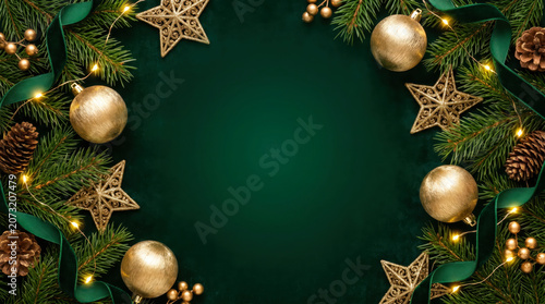 Christmas border with pine branches, gold ornaments, stars, pinecones, green ribbon, and fairy lights on dark green background with copy space