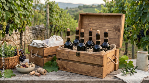 Sustainable Wood Crate Wine Bottle Packaging in Rural Vineyard Setting