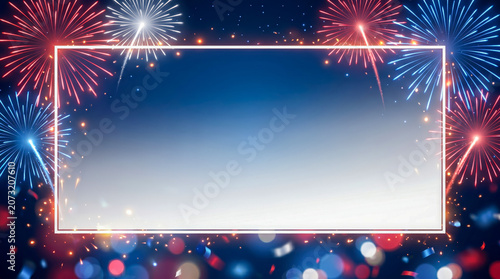 Fireworks celebration background with red white and blue explosions, white rectangular frame on night sky with bokeh, patriotic holiday template with copy space