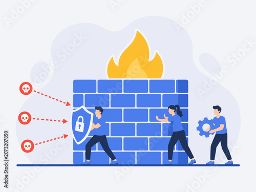 Cybersecurity Illustration Concept, Blocking Unauthorized Access and Defending Systems From Digital Attacks, Oversized Firewall Wall With IT Team Resisting Incoming Threats, Flat Vector Illustration