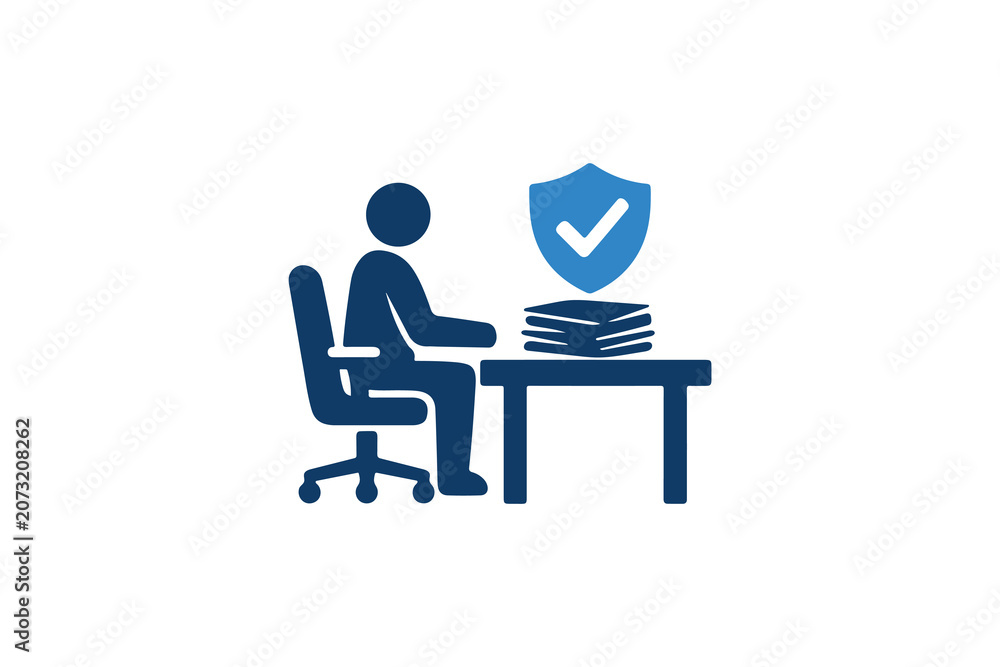 Fototapeta premium Office worker sitting at desk with documents and security shield icon for data protection.
