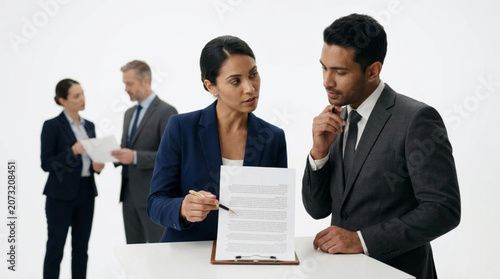 Corporate executives reviewing agreement details