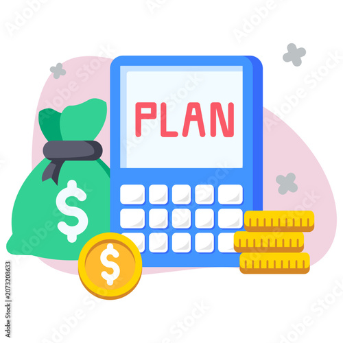 Budget planning flat illustration with calculator money bag and coins for expense management