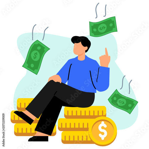Financial freedom flat illustration with person relaxing on money and passive income concept