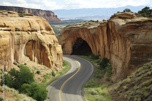 Winding highway through dramatic sandstone canyon walls in new mexico