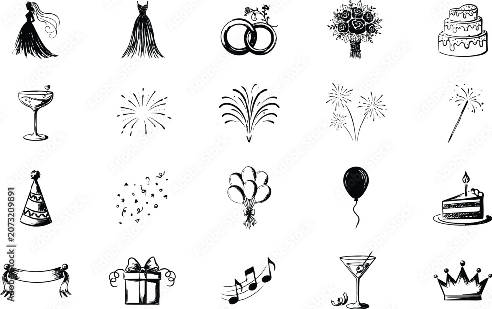 Naklejka premium Black and white birthday celebration icons