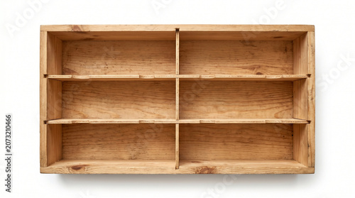 Top view of empty wooden drawer box with compartments on white background