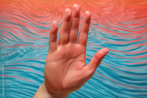 Person presses on a bright holographic screen in a virtual tech setting