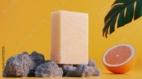 Natural organic soap bar resting on rocks with fresh orange slices and tropical leaf decor