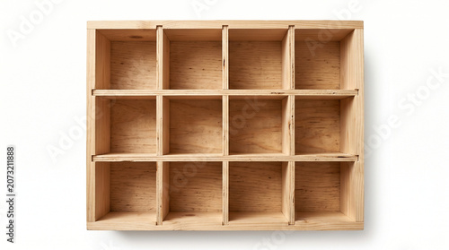 Empty Wooden Drawer Organizer with Multiple Square Compartments Isolated on White