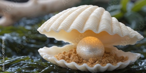 Edible seashell made of white chocolate, containing a glowing pearl truffle, sandy biscuit crumbs, ocean vibe.
