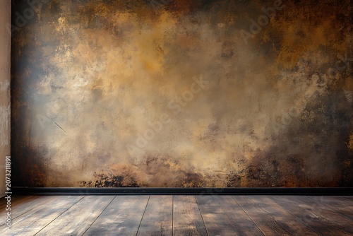 Rustic interior room with distressed brown textured wall and wooden floor