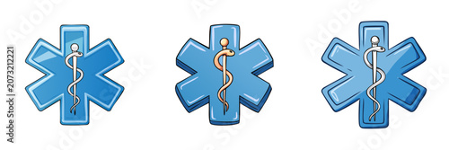 Set of blue star of life medical symbols with caduceus illustration