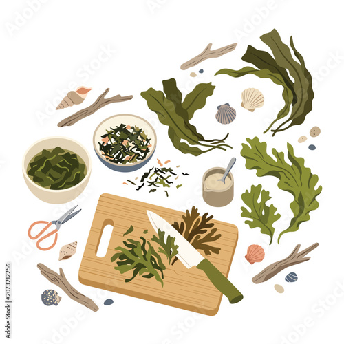 Fotografie Seaweed on cutting board with scissors.
