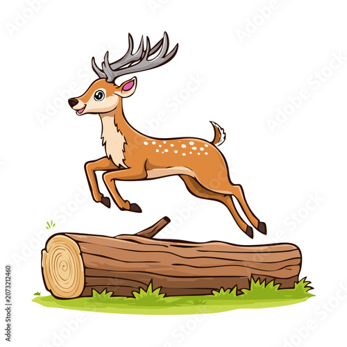 Cartoon deer with large antlers leaping over a log in a grassy meadow