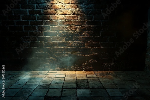 Dark brick wall and stone floor with dramatic spotlight and atmospheric smoke