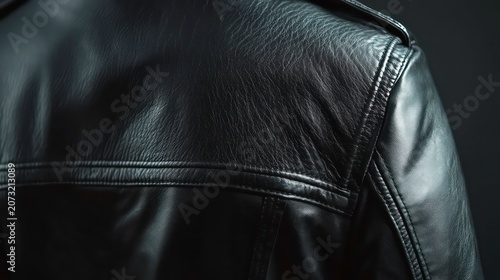 A black leather jacket viewed from the back, showcasing its sleek design and texture.