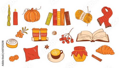 Warm autumn collection of hygge elements featuring books, a knitted scarf, a pumpkin, a jam jar, a coffee mug, a pillow, and cozy fall decorations. A cute seasonal vector set for stickers, planners,