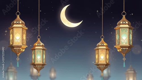 Beautiful glowing lanterns hanging under a crescent moon with sparkling stars in the night sky