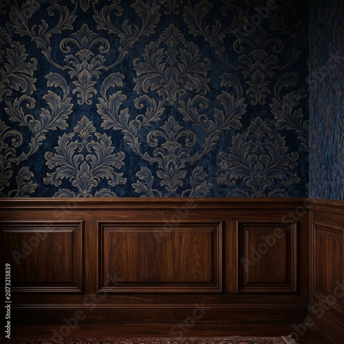 Elegant Vintage Damask Wallpaper Background With Classic Wooden Wall Paneling