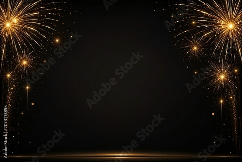 Golden Fireworks Frame on Black Background with Copy Space for New Year Celebration