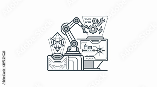 Futuristic Industrial Robotics Workstation Featuring AI Driven Automation Holographic Interface and Advanced Manufacturing Technology Vector Illustration