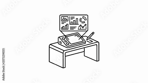 Minimalist icon of a human workspace using an AI powered drawing tablet and holographic data analytics dashboard