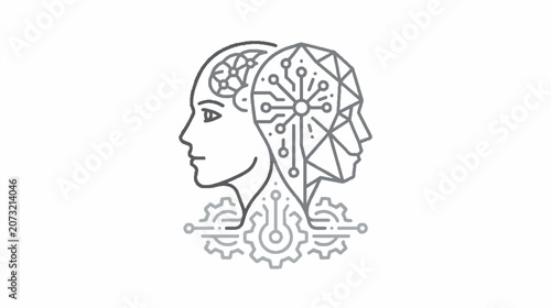 Human and machine collaboration icon depicting artificial intelligence teamwork through a profile vector of a person and a digital robot profile