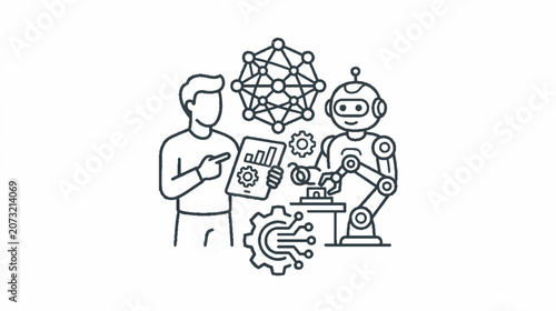 Illustration of a person interacting with an artificial intelligence robot, surrounded by a neural network, data analysis, and advanced technology for innovation and progress