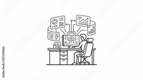 Person Working at Computer Desk with Virtual Data Analytics and Digital Artificial Intelligence Interface Displays