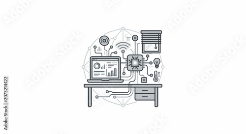 Smart home technology concept showing a laptop controlling interconnected devices and automated systems, illustrating futuristic living and digital management