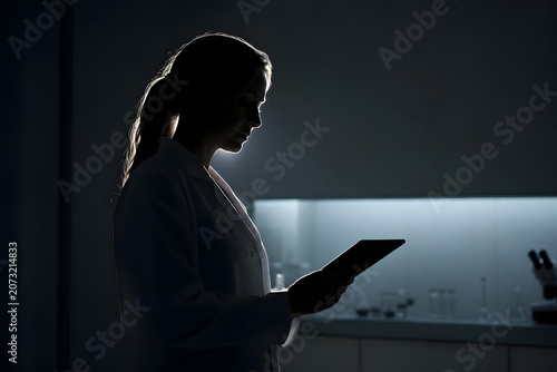Scientist in Dramatic Chiaroscuro Lighting Examining Tablet in D