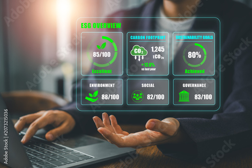 Visual representation of ESG performance tracking with digital interface highlighting environmental, social, and governance metrics.