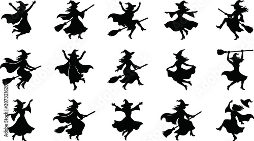 Flying witch silhouette set, Halloween spooky woman riding broomstick, magic sorceress character, dark fantasy illustration isolated black vector collection on transparent background