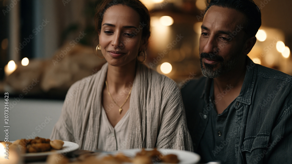 Obraz premium Candlelit Diwali dinner in a London flat where a British-Indian family debates whether mango pickle or chutney is more authentic, half-unpacked grocery bags on the counter,