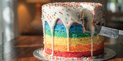 Tall cake with six vibrant rainbow layers, white frosting being sliced, sprinkle waterfall.


