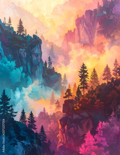 Vibrant Fantasy Mountain Landscape with Trees.
