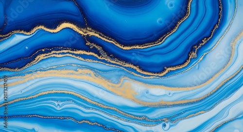 Vibrant Flowing Blue and Gold Marble Surface with Shimmering Agate Details