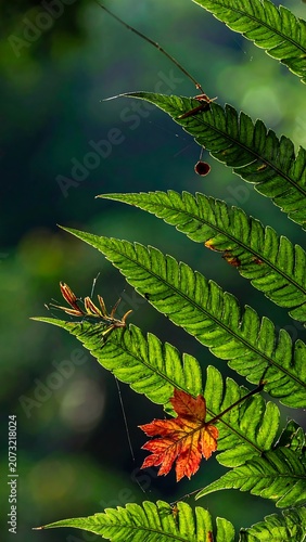 Vibrant Fern Leaves with Orange Flower.