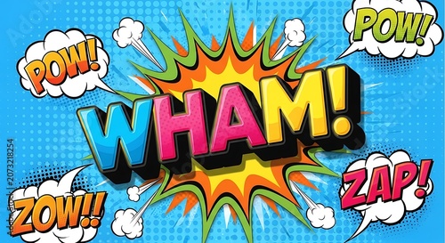 Vibrant Pop Art Comic Book Style Exploding Word WHAM with Action Sound Effects