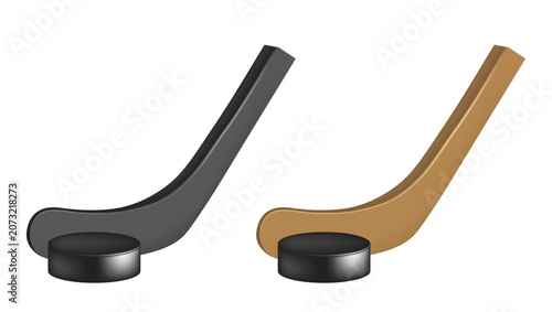 Hockey stick and puck. Vector 3D illustration isolated on a white background.