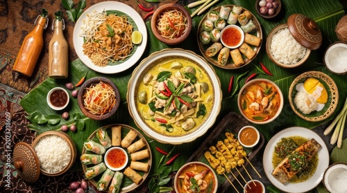 A vibrant spread of Southeast Asian cuisine arranged on a dining table, featuring an array of dishes, including curries, rice, and stir-fry, along with an assortment of dipping sauces and condiments