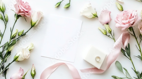 A composition featuring a blank card a ring box and lovely eustoma flowers against a white backdrop providing a copy space image