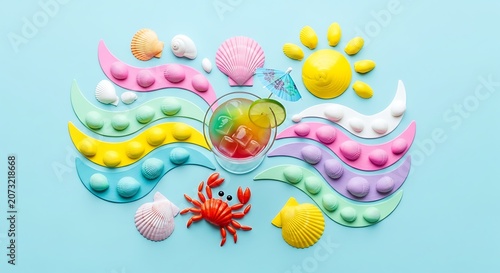 Vibrant summer cocktail surrounded by colorful beach themed objects on a cheerful light blue background