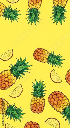 Vibrant yellow background filled with fresh pineapple fruits and slices pattern