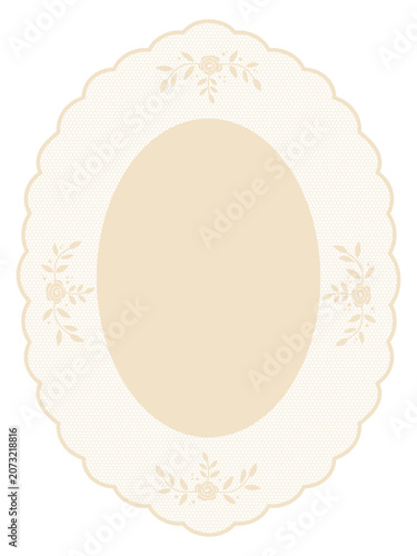 Vintage lace oval frame with rose. Classic crochet style clipart with scalloped borders for garden party invitations, greeting cards. Whimsy embroidery handkerchief with floral ornament.