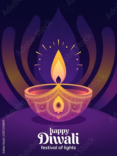 Happy diwali greeting card with a decorative diya lamp and lotus flower design