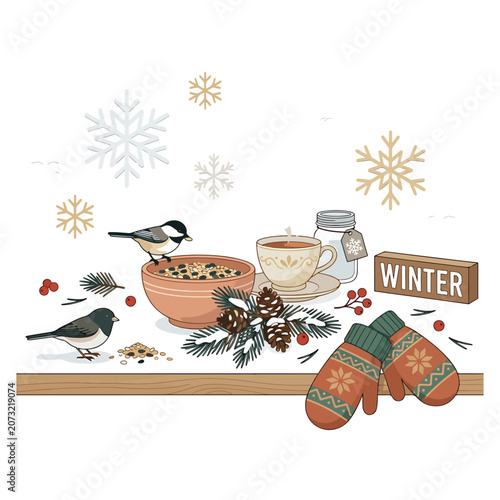 Winter scene with birds and mittens.